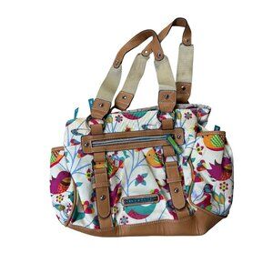 Lily Bloom Birds and Flowers Satchel  Print Canvas & Faux Leather Tote Bag